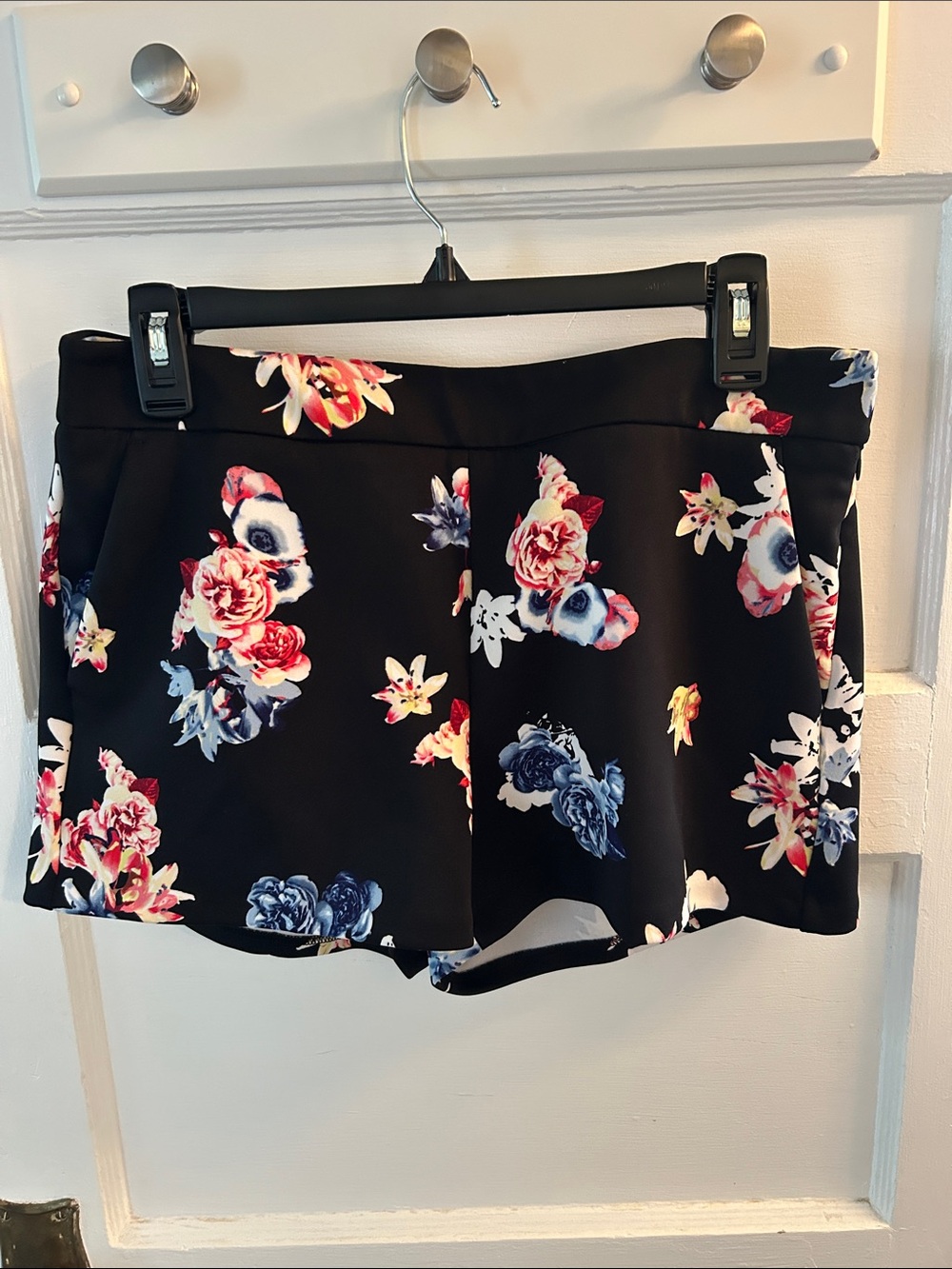 Express Black Floral High-Waist Shorts with Pink & Blue Blooms